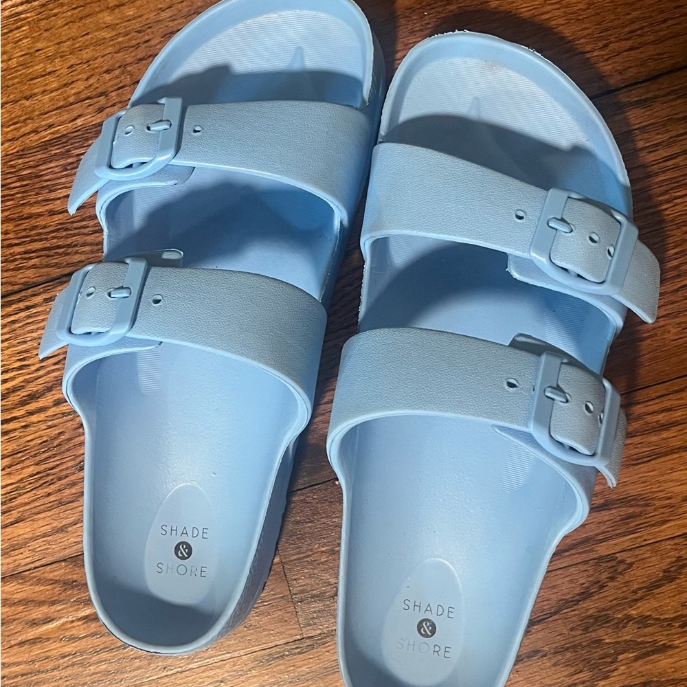 Shade & Shore Light Blue Double-Buckle Slides